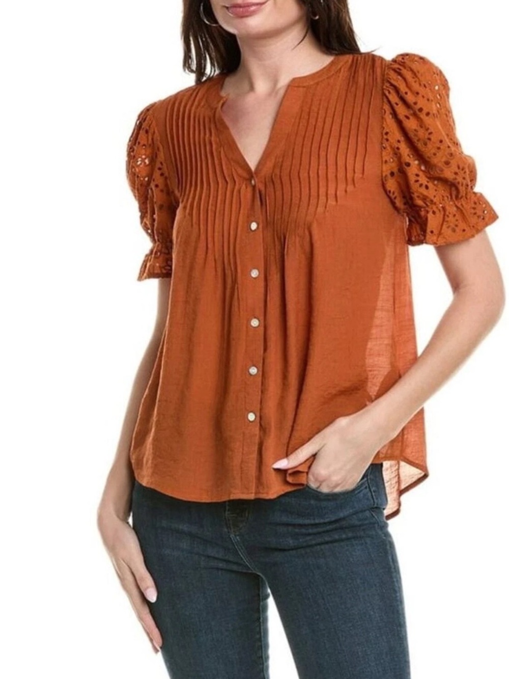 Womens Rust Pintuck Button-Front Puff Sleeve Top XL Nannete